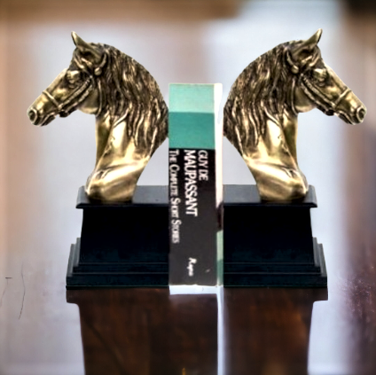 Brass horse head bookend
