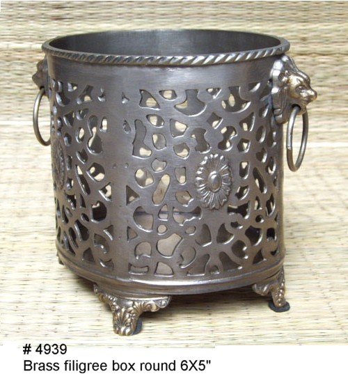 Brass Filigree Round Stationery Holder Box